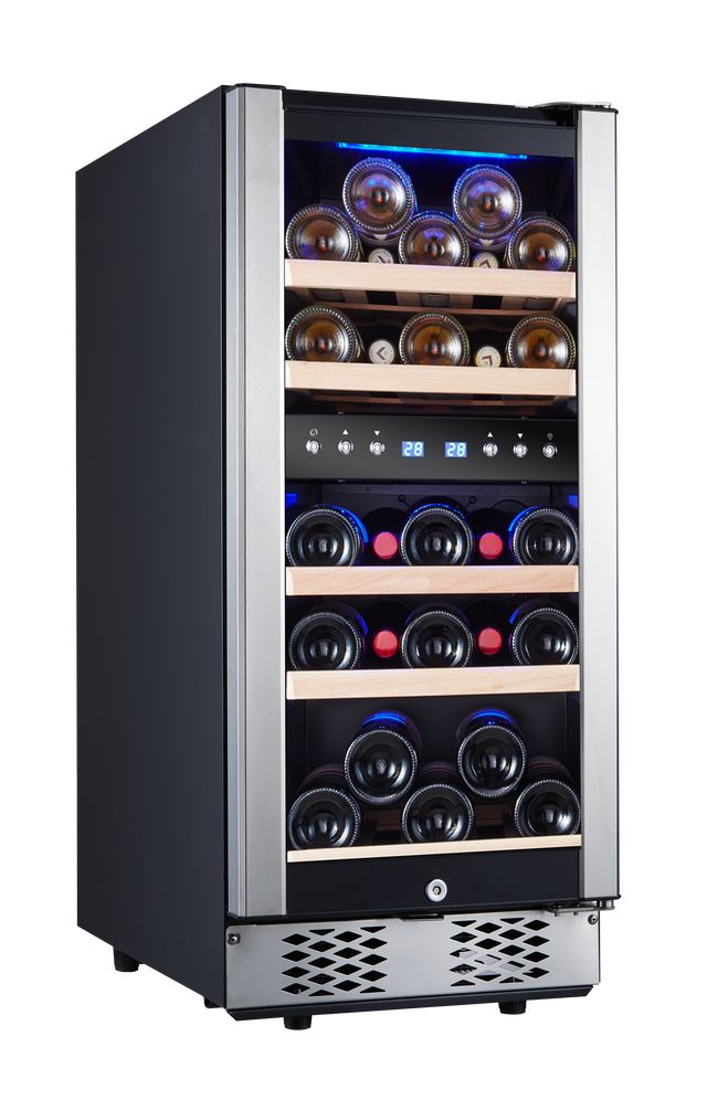30 Bottles/15 Inch Dual Zone Low Noise Wine Cooler Refrigerator , Small Wine Refrigerator for Home Bar with Digital Temperature Control, Glass Front Doors and Interior Lighting