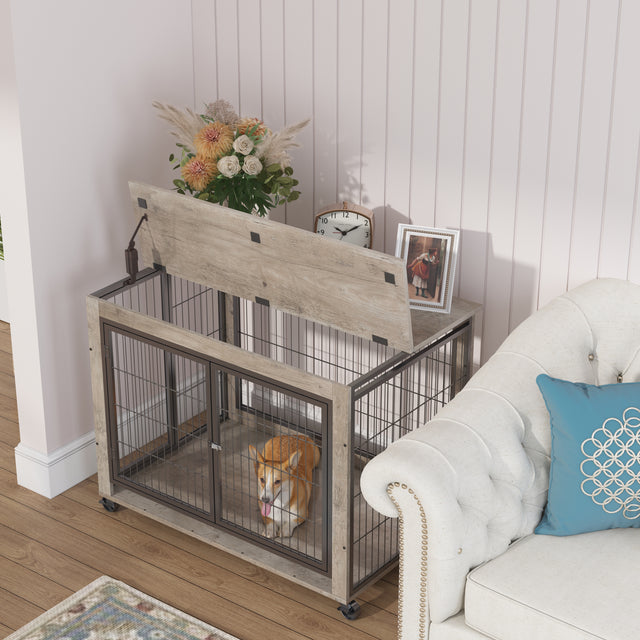 Furniture Style Dog Crate Side Table on Wheels with Double Doors and Lift Top.(Grey,38.58’’w x 25.5’’d x 27.36’’h)