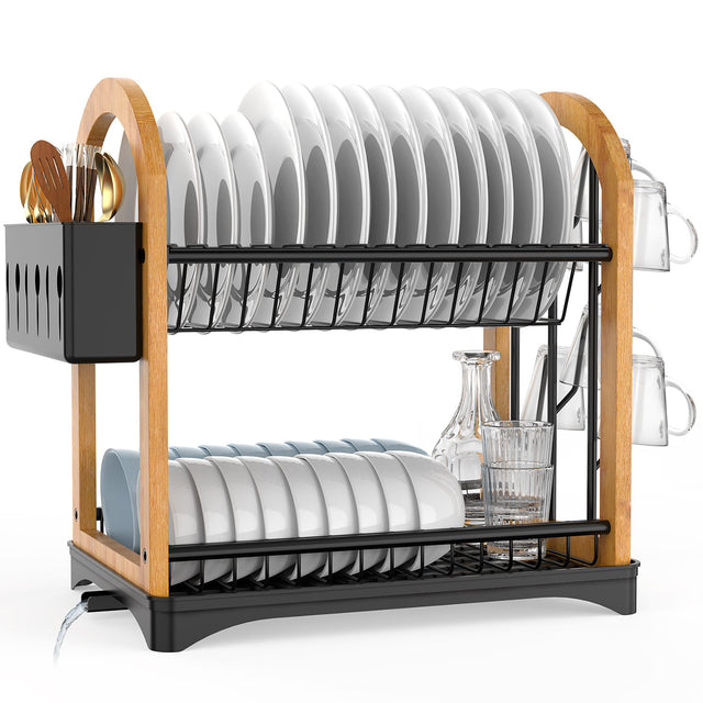 2-Tier Drying Dish Rack for Kitchen Counter, Kitchen Dishes Organizers Drain Board Metal Black