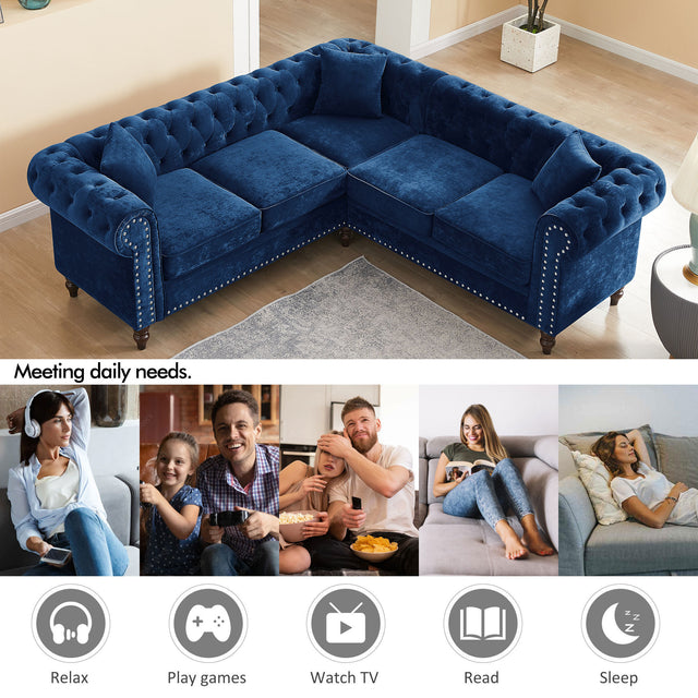 MH 80" Deep Button Tufted Upholstered Roll Arm Luxury Classic Chesterfield L-shaped Sofa 3 Pillows Included, Solid Wood Gourd Legs, Blue velvet