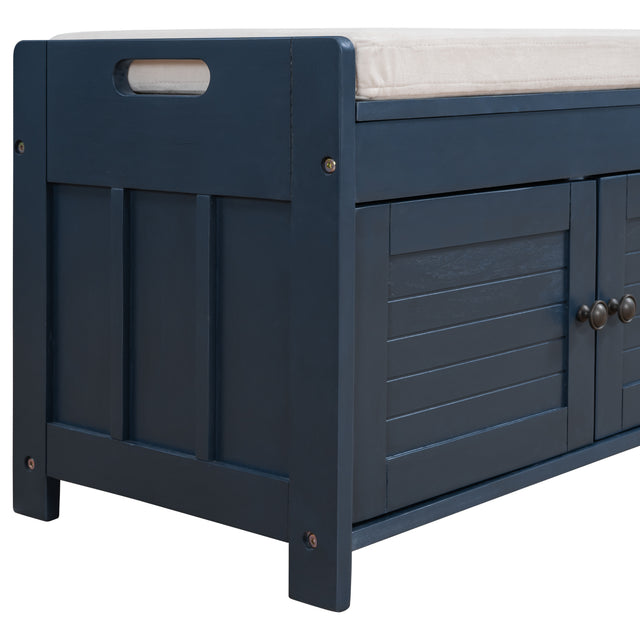 TREXM Storage Bench with 3 Shutter-shaped Doors, Shoe Bench with Removable Cushion and Hidden Storage Space (Antique Navy)