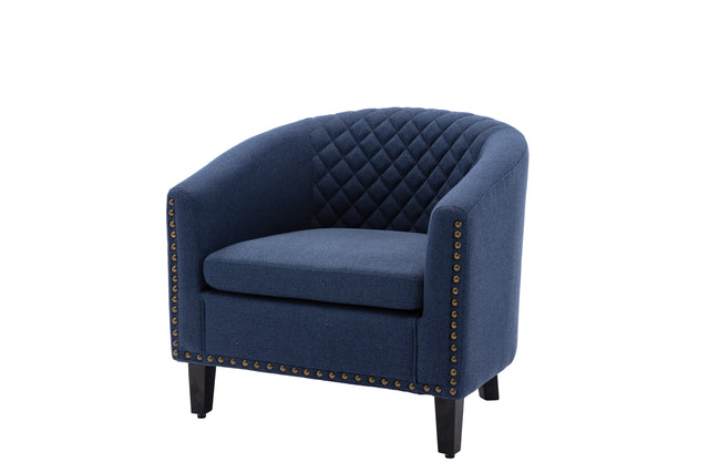 COOLMORE accent Barrel chair living room chair with nailheads and solid wood legs Black Navy Linen