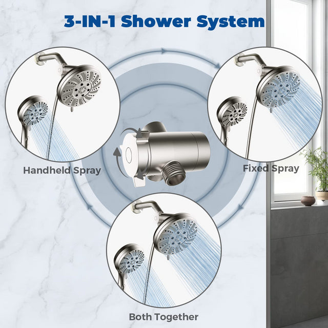 Shower Head Combo - 4.5" 6-Setting Handheld Showerhead and 7" 5-Setting Rainfall Spray, One Click for High Pressure/Trickle Mode, with 70β Longer Stainless Steel Hose, Brushed Nickel