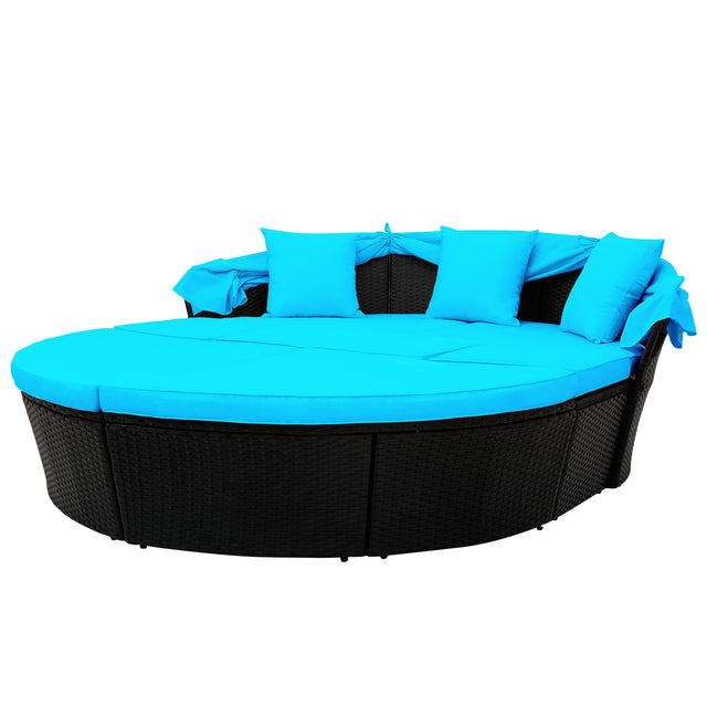 Outdoor rattan daybed sunbed with Retractable Canopy Wicker Furniture, Round Outdoor Sectional Sofa Set, black Wicker Furniture Clamshell Seating with Washable Cushions, Backyard, Porch, Blue.