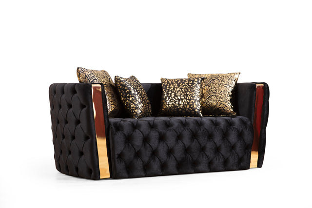 Naomi Button Tufted Loveseat with Velvet Fabric and Gold Accent in Black
