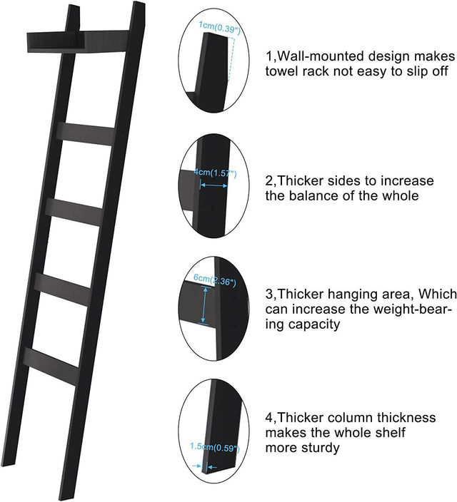 Blanket Ladder, 5-Layer Towel Racks, with Shelf Board, Blanket Holder with Anti-Slip Construction Home Decor, Decorative Blanket, Quilt, Towel, Scarf Ladder Shelves for, Bedroom, Bathroom, Black