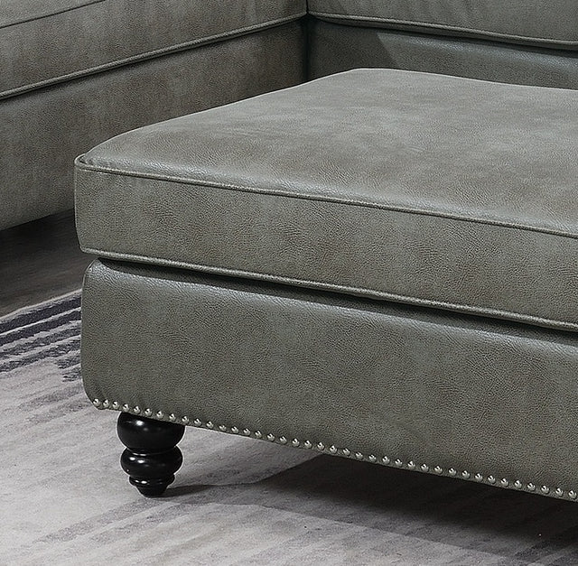 Living Room XL- Cocktail Ottoman Slate Grey Leatherette Accent Studding Trim Wooden Legs