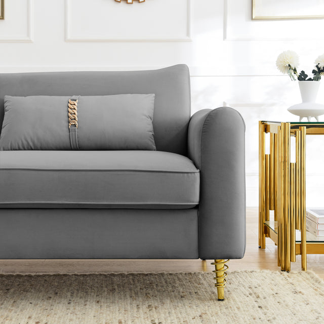 80.3" Modern Sofa Couch Upholstered Sofa Tufted Back Comfy Velvet Long Couch with 2 Pillows and Golden Legs for Living Room, Bedroom, Office, Apartment, Grey