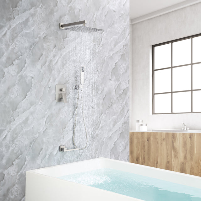 Rainfall 10 inch Shower System Bathroom Luxury Rain Mixer Silver Shower Combo Set Wall Mounted Shower Head Systems with High Pressure Head Hand Held Square Shower Head Polished Chrome Rough-in Valve