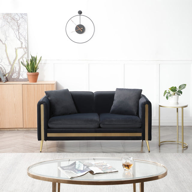 59” Modern Upholstered Velvet Loveseat Sofa 2 Seater Couch with Removable Cushions Side Pocket Mid-Century Tufted Living Room Set Gold Metal Legs ,2 Pillows Included,Black