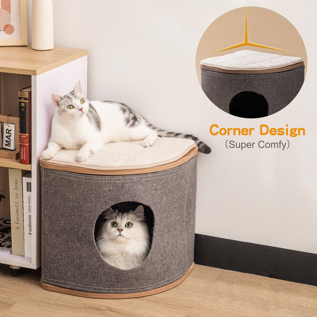 Cat House Cat Bed for Cats, Wooden Corner Cat House Cave with 2 Washable Cushions