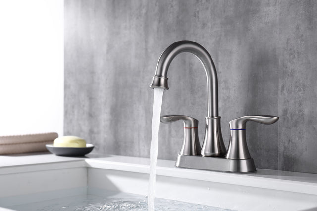 2-Handle 4-Inch Brushed Nickel Bathroom Faucet, Bathroom Vanity Sink Faucets with Pop-up Drain and Supply Hoses