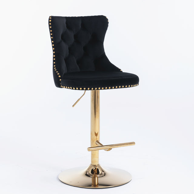 A&A Furniture,Golden Swivel Velvet Barstools Adjusatble Seat Height from 25-33 Inch, Modern Upholstered Bar Stools with Backs Comfortable Tufted for Home Pub and Kitchen Island(Black,Set of 2)