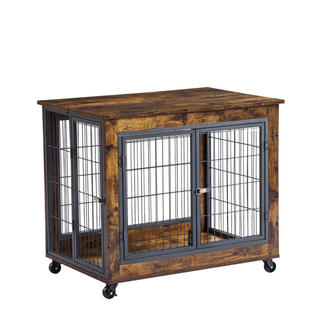 JHX Furniture Dog Cage Crate with Double Doors on Casters(Rustic Brown,31.50''W*22.05''D*24.8''H)