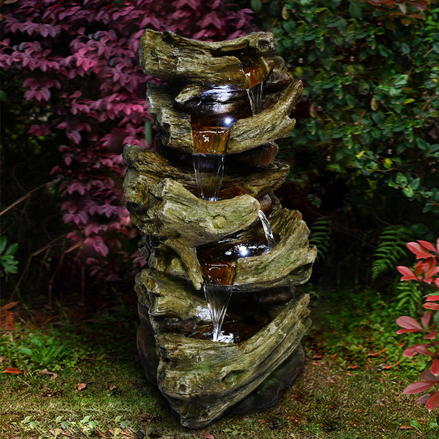 Indoor Outdoor 5-Tier Floor Rack Water Fall Fountain with White LED Light for Patio Yard Garden Lawn