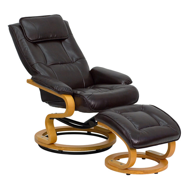 Contemporary Brown Leather Recliner and Ottoman with Swiveling Maple Wood Base