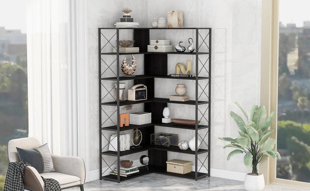 7-Tier Bookcase Home Office Bookshelf, L-Shaped Corner Bookcase with Metal Frame, Industrial Style Shelf with Open Storage, MDF Board
