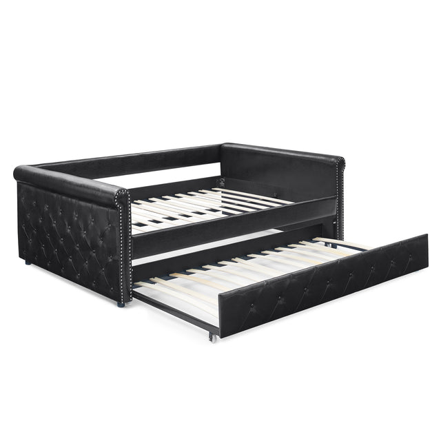 Daybed with Trundle Upholstered Tufted Sofa Bed, with Button and Copper Nail on Arms,Full Daybed & Twin Trundle, PU Black(85.5“x57”x30.5“)