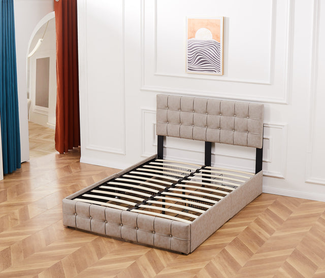 Upholstered Storage Bed Frame with 4 Drawers and Adjustable Headboard, Square Stitched Button Tech cloth, Platform Beds Frame with Wood Slat Support, No Box Spring Needed, Queen Size, Beige