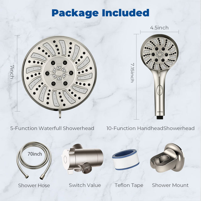 Shower Head Combo - 4.5" 6-Setting Handheld Showerhead and 7" 5-Setting Rainfall Spray, One Click for High Pressure/Trickle Mode, with 70β Longer Stainless Steel Hose, Brushed Nickel