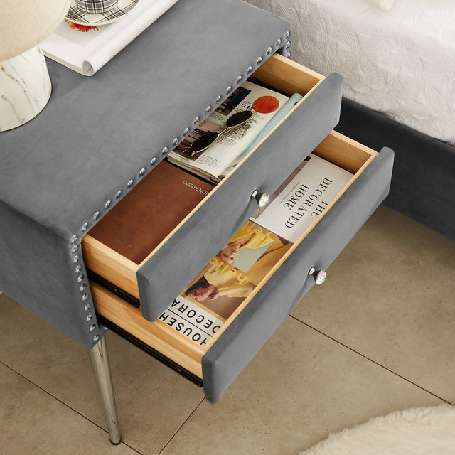 B109 King bed with one nightstand,Beautiful brass studs adorn the headboard, strong wooden slats + metal legs with Electroplate