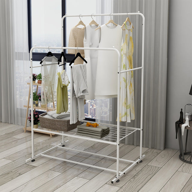 Garment Rack Freestanding Hanger Double Rods Multi-functional Bedroom Clothing Rack White