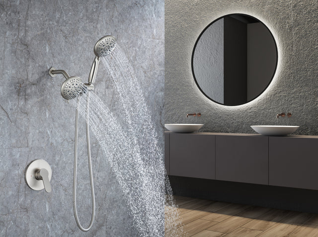 Shower System with Handheld Showerhead & Rain Shower Combo Set. High Pressure 35-Function Dual 2 in 1 Shower Faucet, patented 3-way Water Diverter in All-Brushed Nickel (Valve Include)