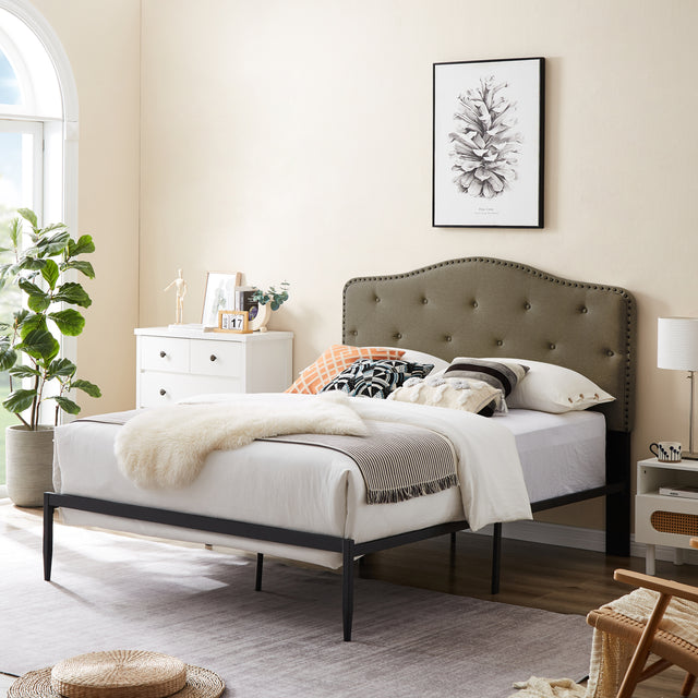 B113 Queen bed, Beautiful headboard with buttons Strong iron frame with high temperature paint