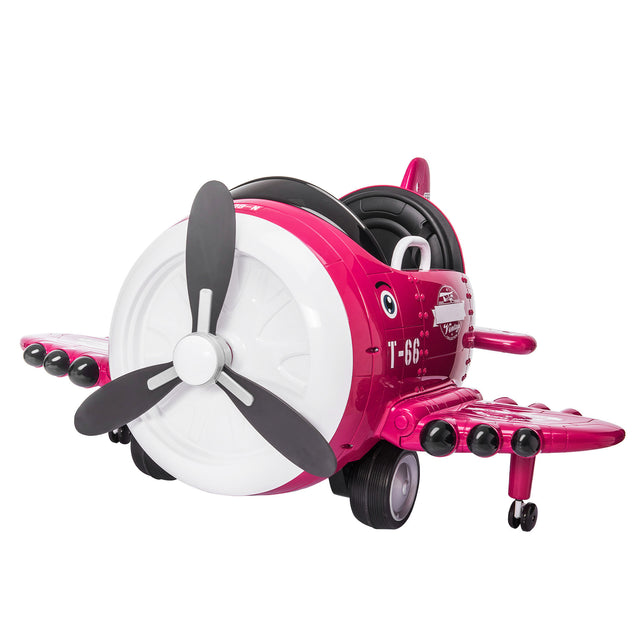 12V Electric Kids Ride on Toy Plane with USB, FM, Wind-Driven Propeller, 360-Degree Rotating by 2 Joysticks, Remote Control for Kids 3 to 6, Rose Red