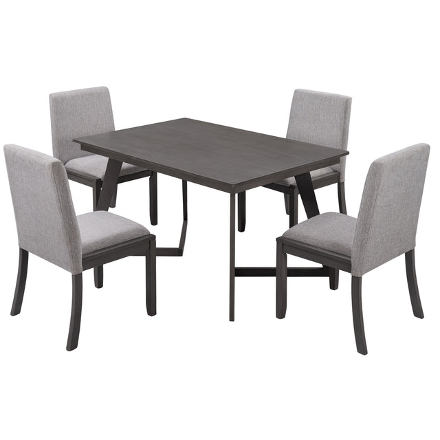 TOPMAX 5-Piece Dining Set, Wood Rectangular Table with 4 Linen Fabric Chairs, Gray