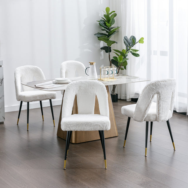 A&A Furniture,Akoya Collection Modern | Contemporary Rabbit Fur Fibre Upholstered Dining Chair with Nailheads and Gold Tipped Black Metal Legs, Cream White,Set of 2