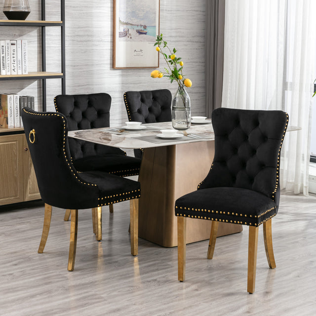 A&A Furniture,Nikki Collection Modern, High-end Tufted Solid Wood Contemporary Velvet Upholstered Dining Chair with Golden Stainless Steel Plating Legs,Nailhead Trim,Set of 2,Black and Gold, SW1601BK