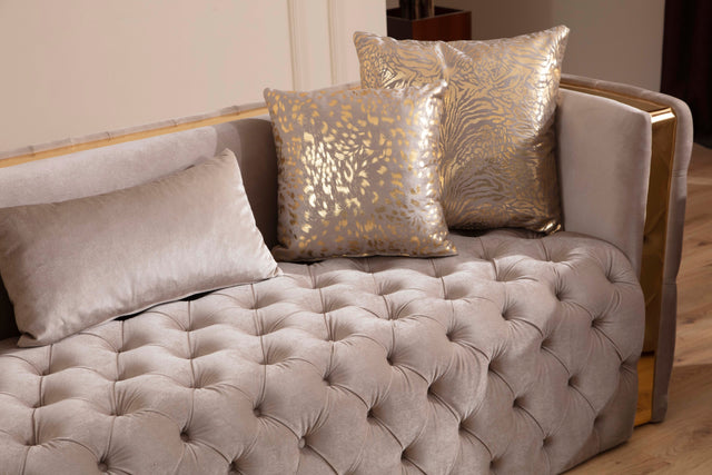 Naomi Button Tufted Loveseat with Velvet Fabric and Gold Accent in Off White