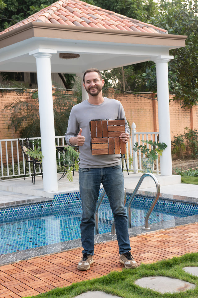 10 PCS Interlocking Deck Tiles Checker Pattern, 12" x 12" Square Acacia Hardwood Outdoor Flooring for Patio, Bancony, Pool Side,...