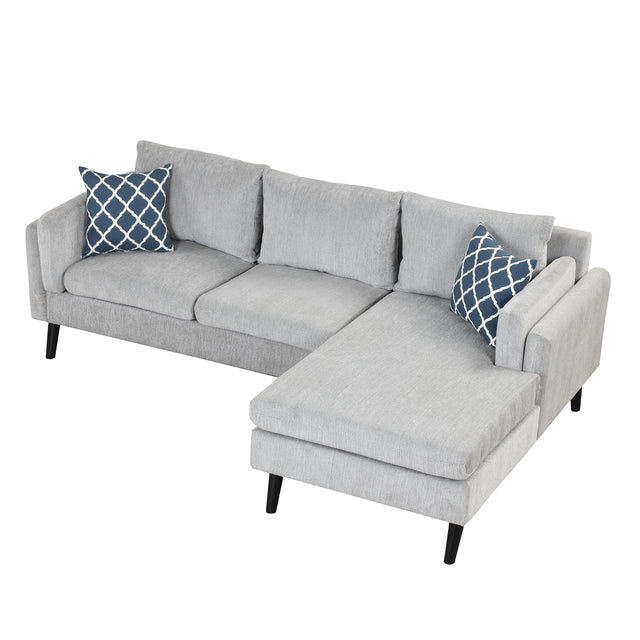 84.65" Modern Upholstered L-Shape Sofa Couch with Chaise and 2 Pillows,3-Seater Couch with rubber wood legs for Living Room,Apartment,Small Space,Light Gray