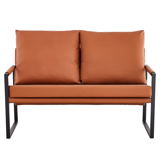 Modern Two-Seater Sofa Chair with 2 Pillows - PU Leather, High-Density Foam, Black Coated Metal Frame.Brown
