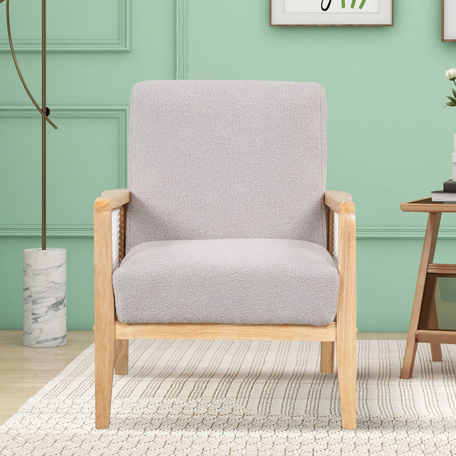 【EAT 3.10】Mid-Century Armchair Rattan Mesh Upholstered Accent Chair,Teddy Short Plush Particle Velvet Armchair for Living Room,Bedroom, Office, Studio,Grey