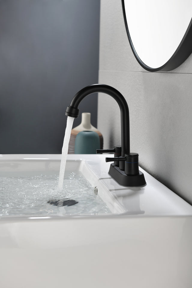4 Inch 2 Handle Centerset Matte Black Lead-Free Bathroom Faucet, with Copper Pop Up Drain and 2 Water Supply Lines