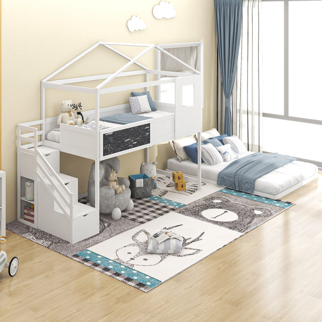 Twin over Full House Bunk Bed with Storage Staircase and Blackboard,White