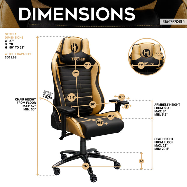 Techni Sport Ergonomic Racing Style Gaming Chair - Golden