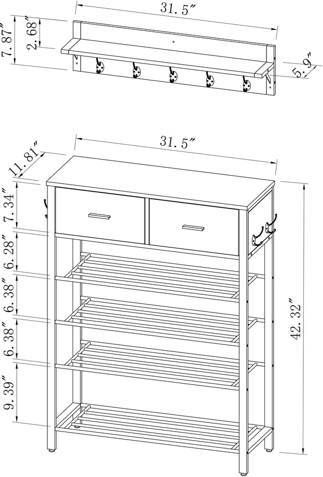 Entryway 4-tier Shoe Rack with Hall Tree, One Set Entryway Show Rack with Storage and Hooks