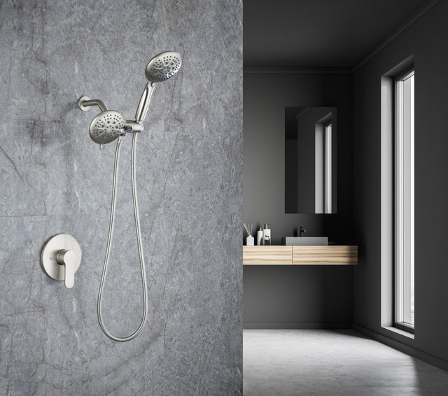 Shower System with Handheld Showerhead & Rain Shower Combo Set. High Pressure 35-Function Dual 2 in 1 Shower Faucet, patented 3-way Water Diverter in All-Brushed Nickel (Valve Include)