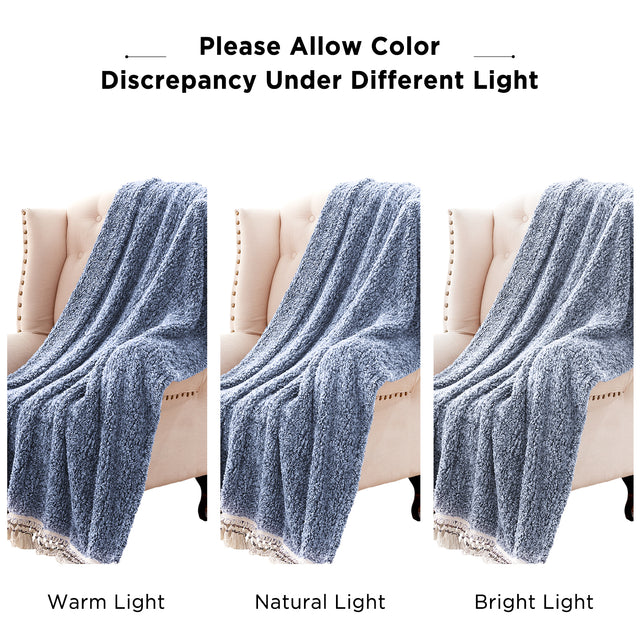 Back Printed Sherpa Throw With Tassels-Blue-50”*60” (2 Pack Set Of 2)