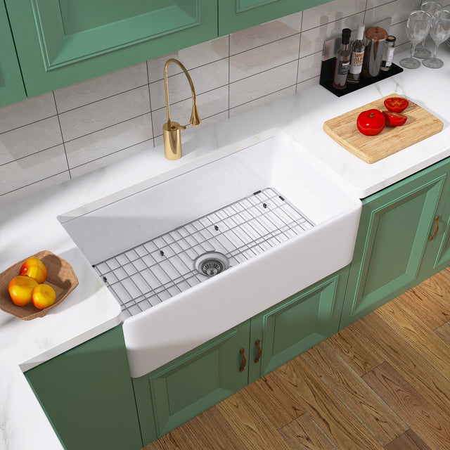 33 Inch Fireclay Farmhouse Kitchen Sink White Single Bowl Apron Front Kitchen Sink, Bottom Grid and Kitchen Sink Drain Included