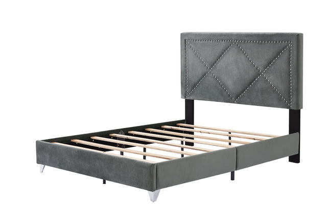 B109 Soft mattress with copper nail headboard, Queen bed, strong wooden slats + metal support feet, Gray Flannelette