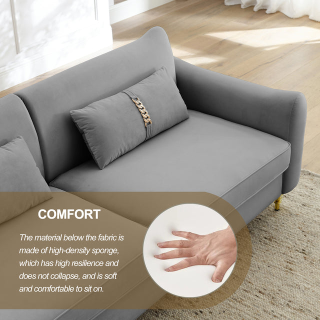 80.3" Modern Sofa Couch Upholstered Sofa Tufted Back Comfy Velvet Long Couch with 2 Pillows and Golden Legs for Living Room, Bedroom, Office, Apartment, Grey