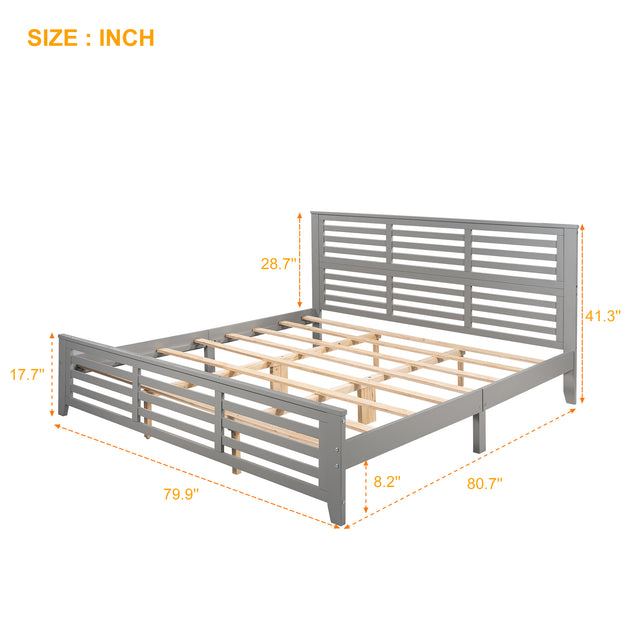 Platform bed with horizontal strip hollow shape, King size, gray (New)