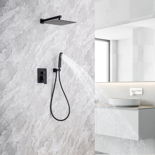 Rainfall 10 inch Shower System Bathroom Luxury Rain Mixer Silver Shower Combo Set Wall Mounted Shower Head Systems with High Pressure Head Hand Held Square Shower Head Polished Chrome Rough-in Valve