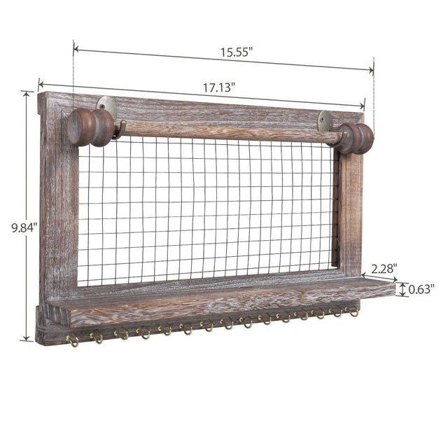 Wall Mounted Wooden Holder Hanging Jewelry Organizer with a Removable Bar, a Shelf and 15 Hooks, Rustic Brown