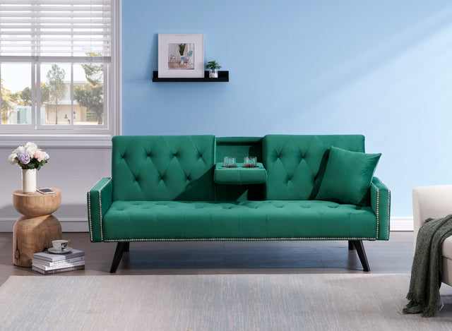 1730 Sofa Bed Armrest with Nail Head Trim with Two Cup Holders 72" Green Velvet Sofa for Small Spaces